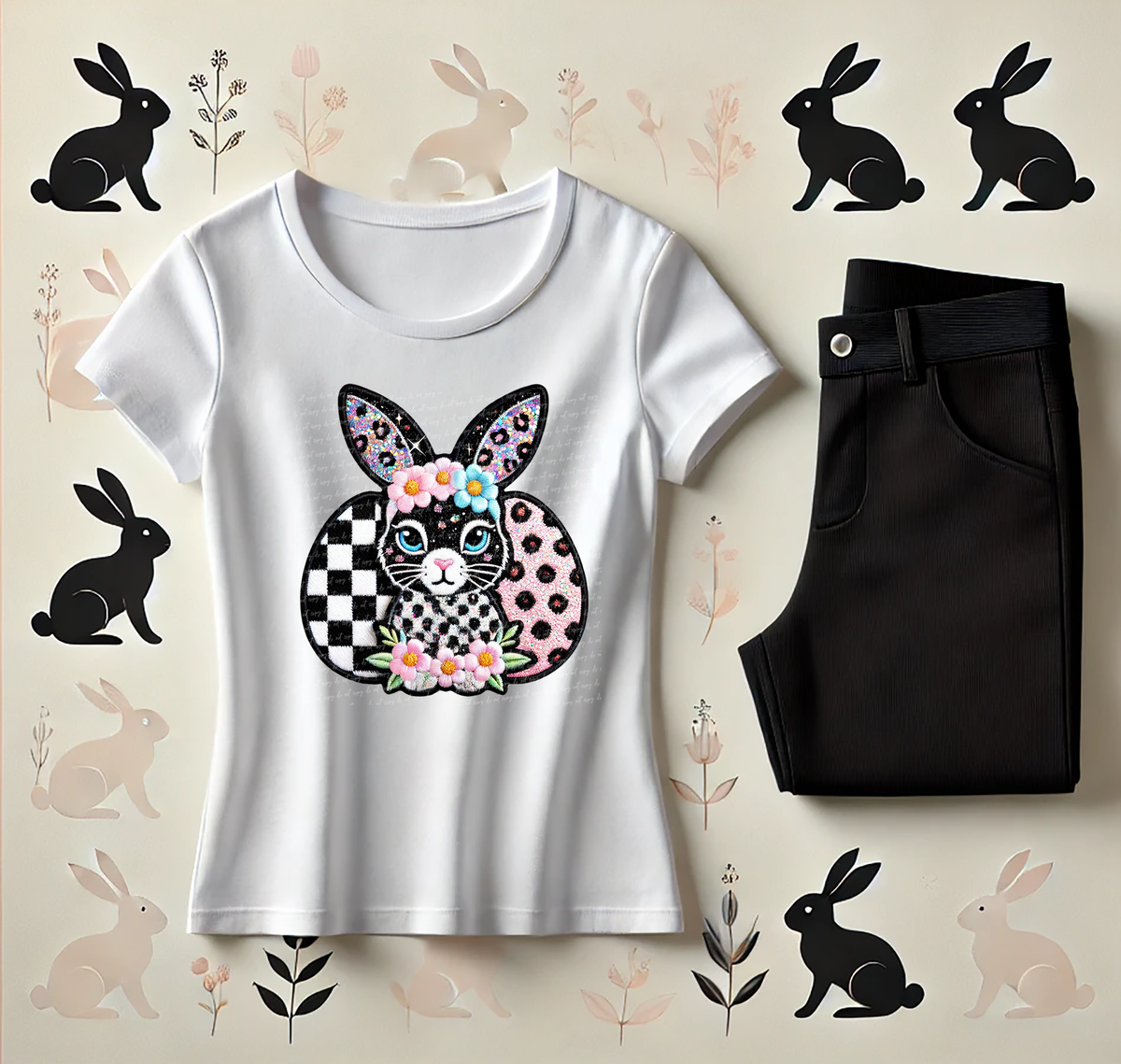 Floral Headband Bunny With Eggs Faux Embroidery 86008 DTF Transfer