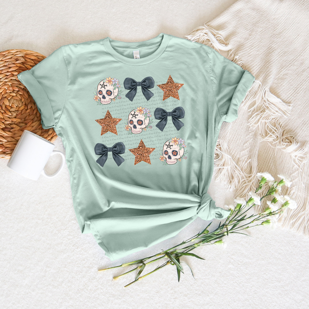Floral Skull Bow Star Grid 59398 DTF transfer