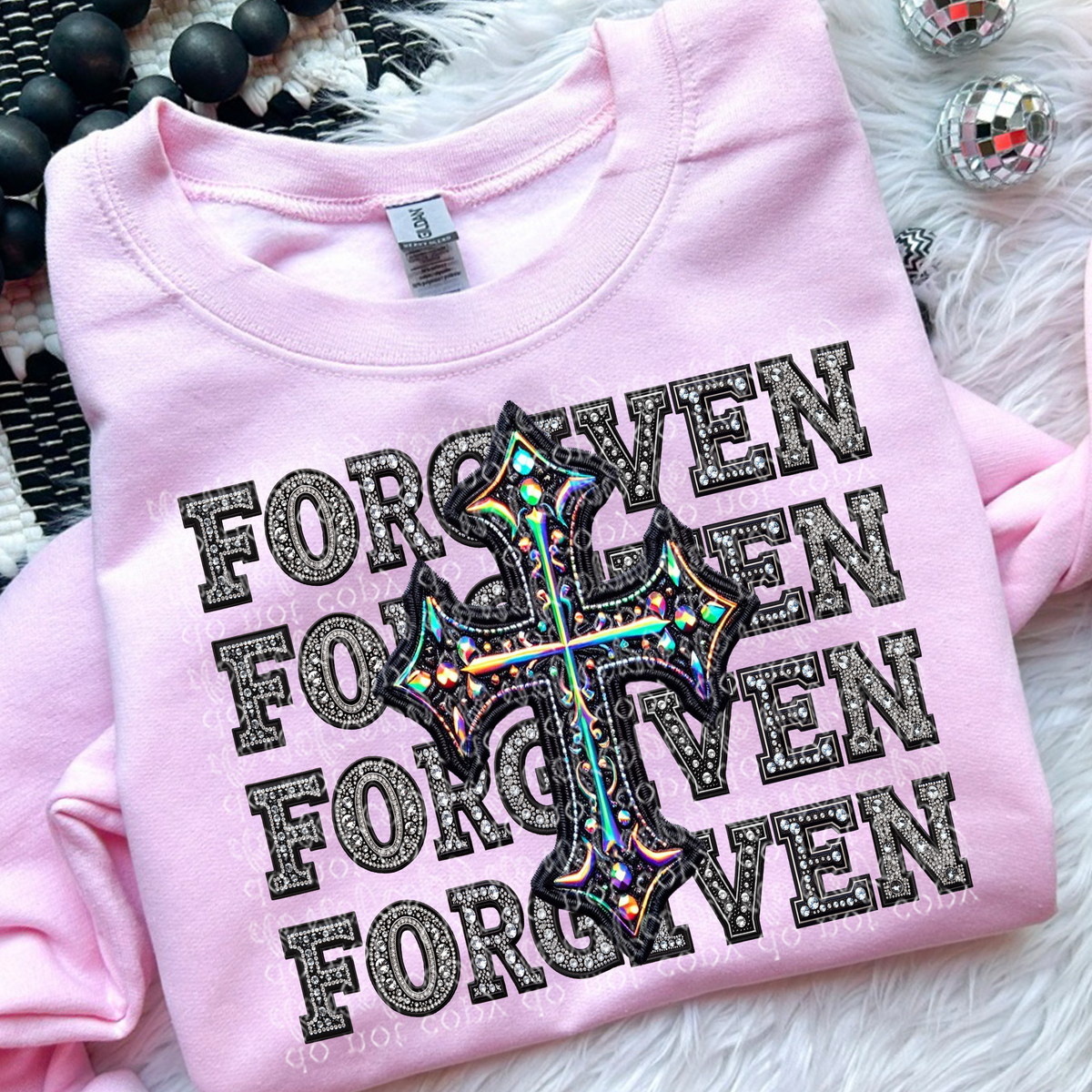 Forgiven stacked with cross rhinestones TTD DTF Transfer