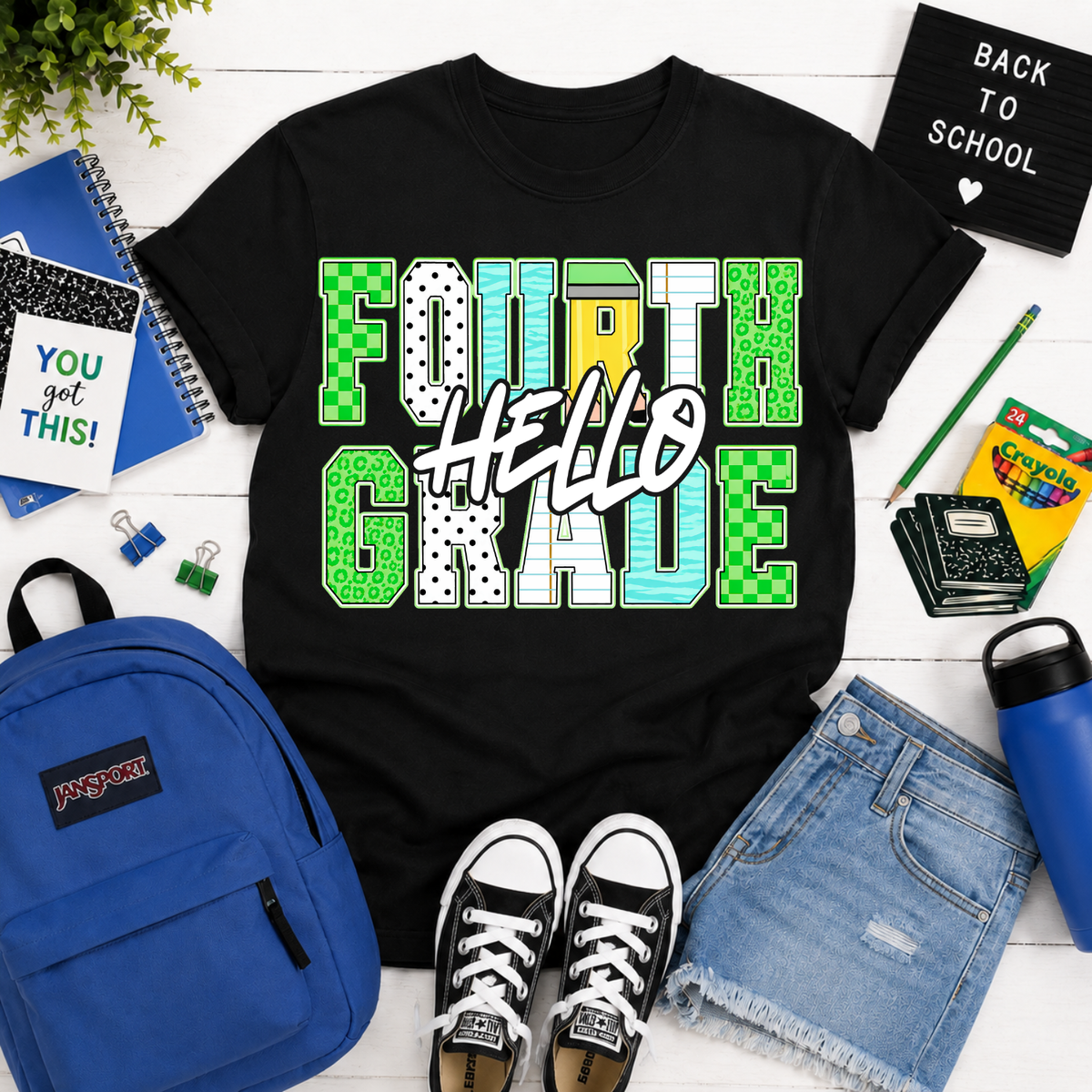 Hello fourth grade blue and green font (Parker) DTF Transfer