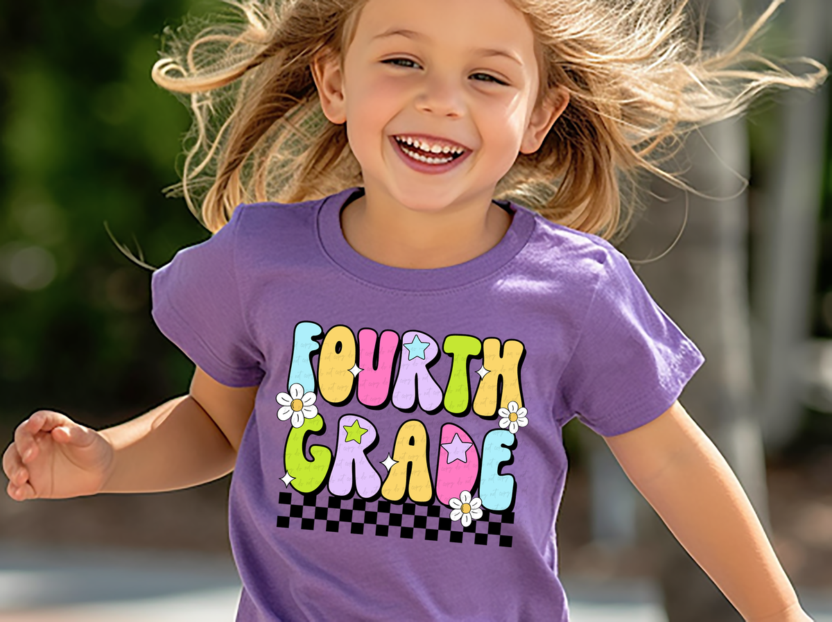 Fourth Grade Groovy Checkered Floral And Stars 108727 DTF transfer