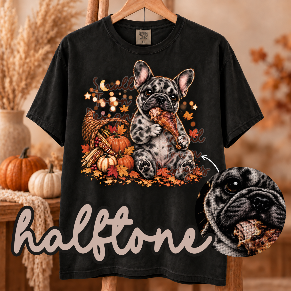 Halftone blue brindle Frenchie eating turkey leg (STD) DTF transfer