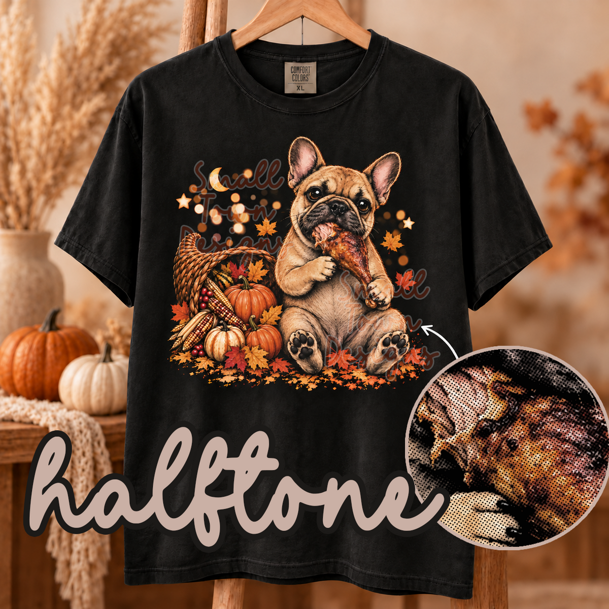 Halftone tan Frenchie eating turkey leg (STD) DTF transfer