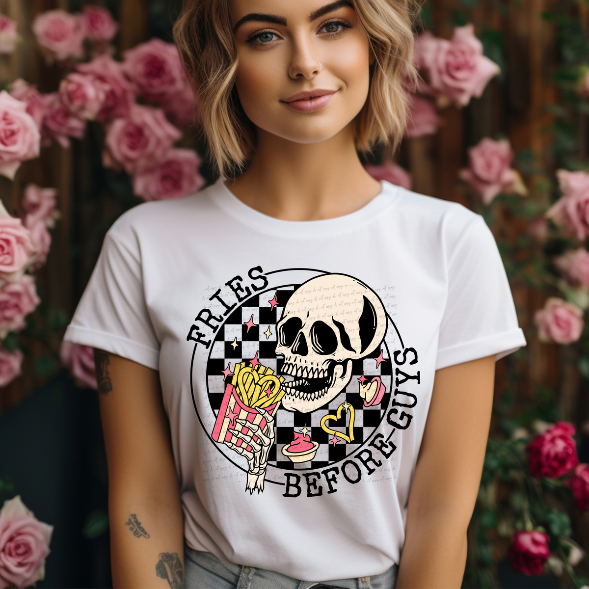 Fries Before Guys Skellie Checkered Black 81480 DTF Transfer