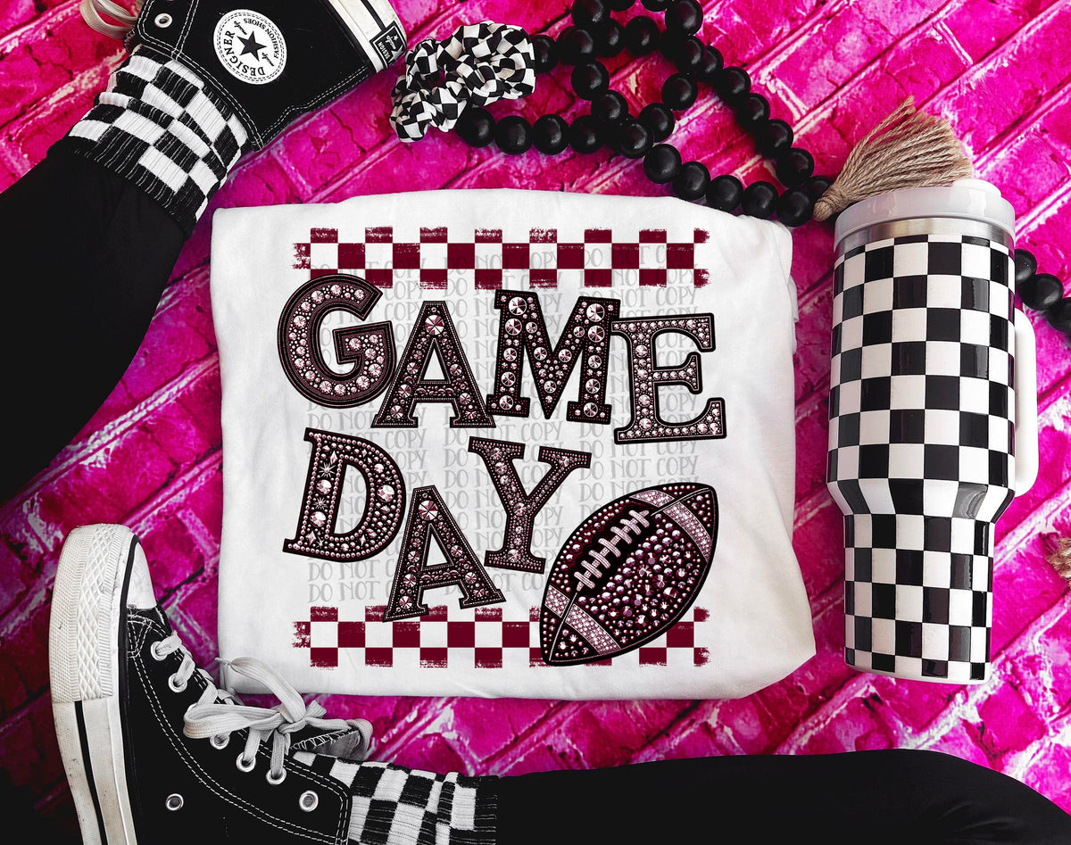 Game Day Checkered Football Bedazzle MAROON (Caplinger) DTF transfer