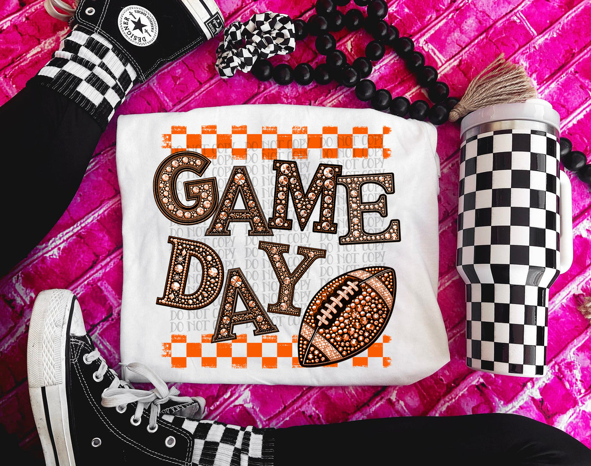 Game Day Checkered Football Bedazzle ORANGE (Caplinger) DTF transfer
