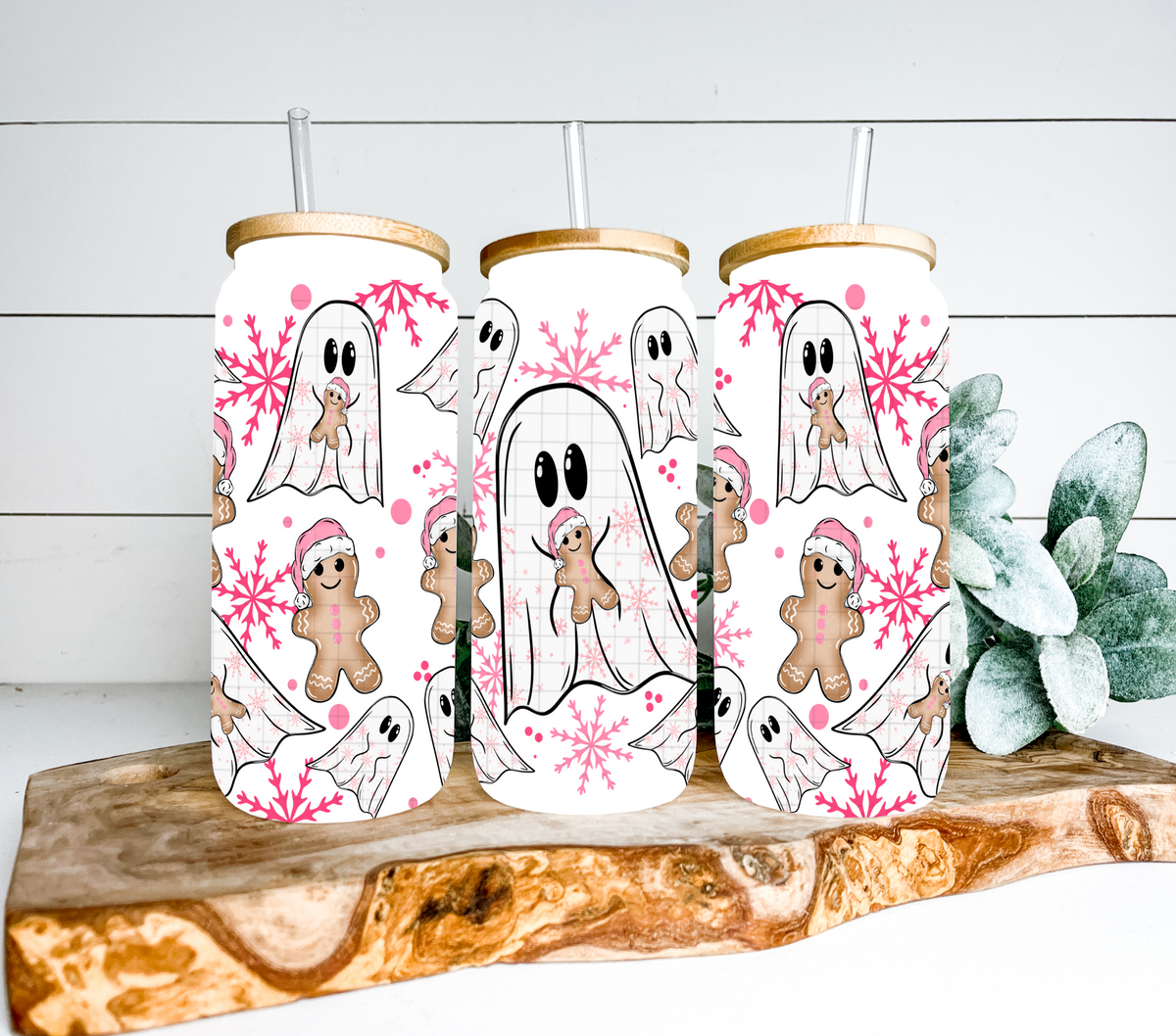 Ghost holding gingerbread with pink snowflakes (Linda) UV DTF WRAP