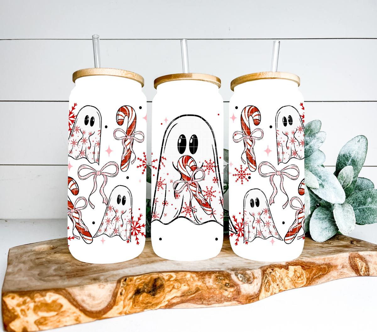 Ghost holding candy cane with bow (Linda) UV DTF WRAP