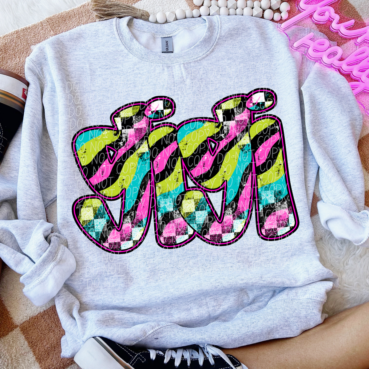 Gigi Neon Checker Font (CITY) DTF transfer