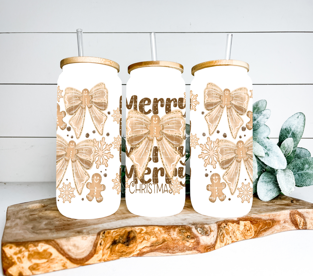 Merry Christmas stacked with gingerbread bow (Linda) UV DTF WRAP