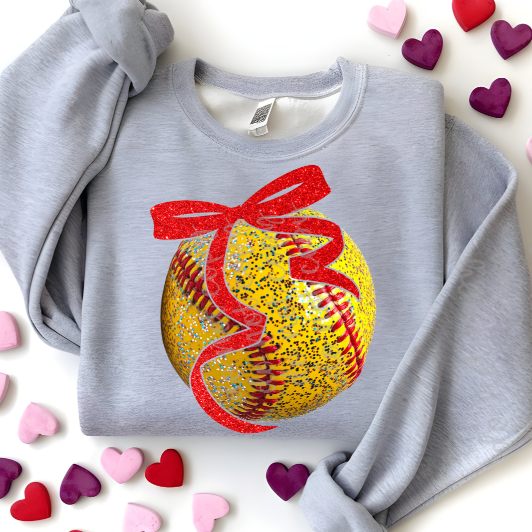 Glitter Faux Softball Red Bow (Parker)  DTF Transfer