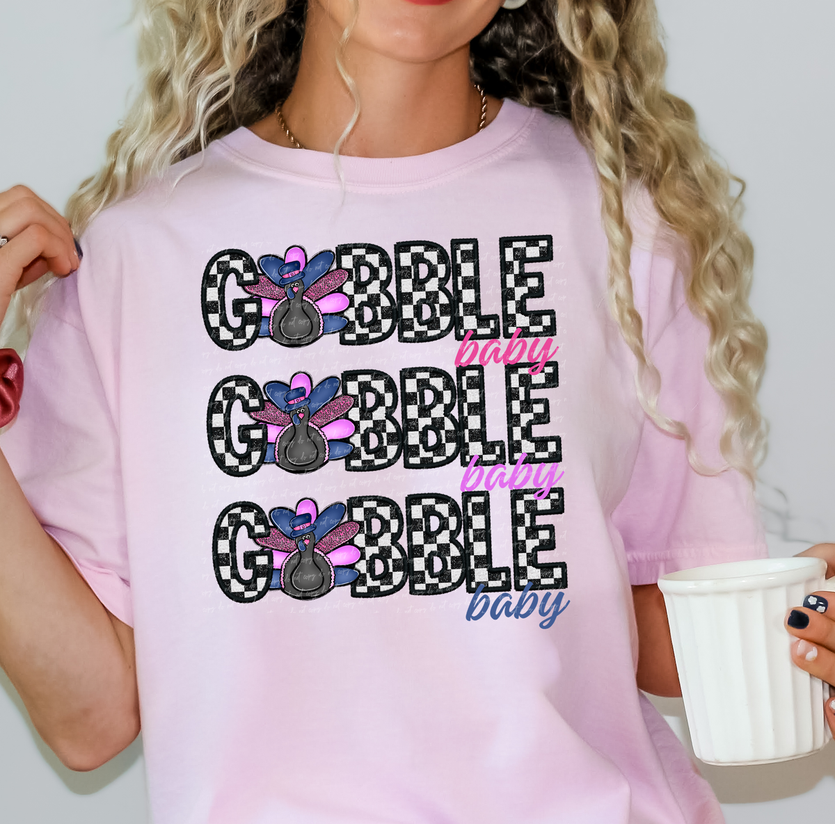 Gobble Baby Black White Checker Blue Pink Turkey 111926 DTF transfer