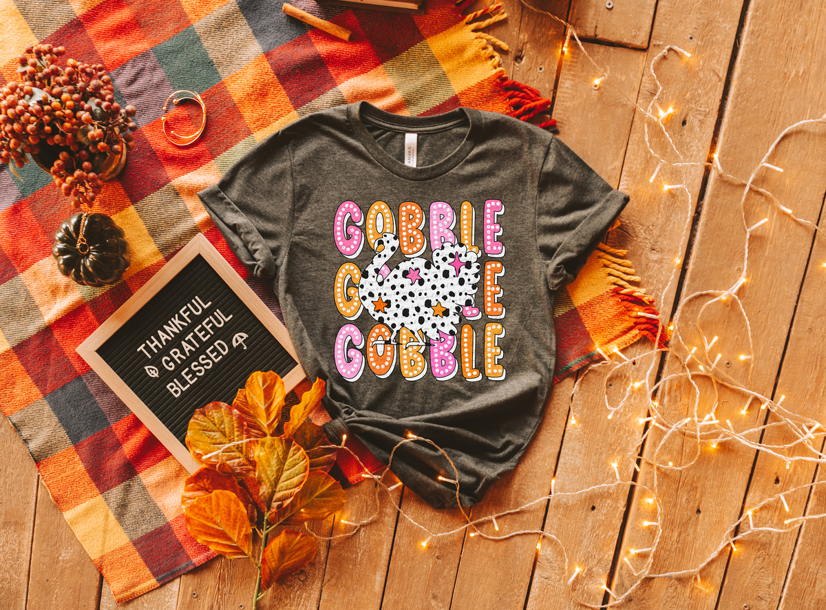 Gobble Stacked Dalmatian Turkey Dots With Pink Letters 59877 DTF Transfer