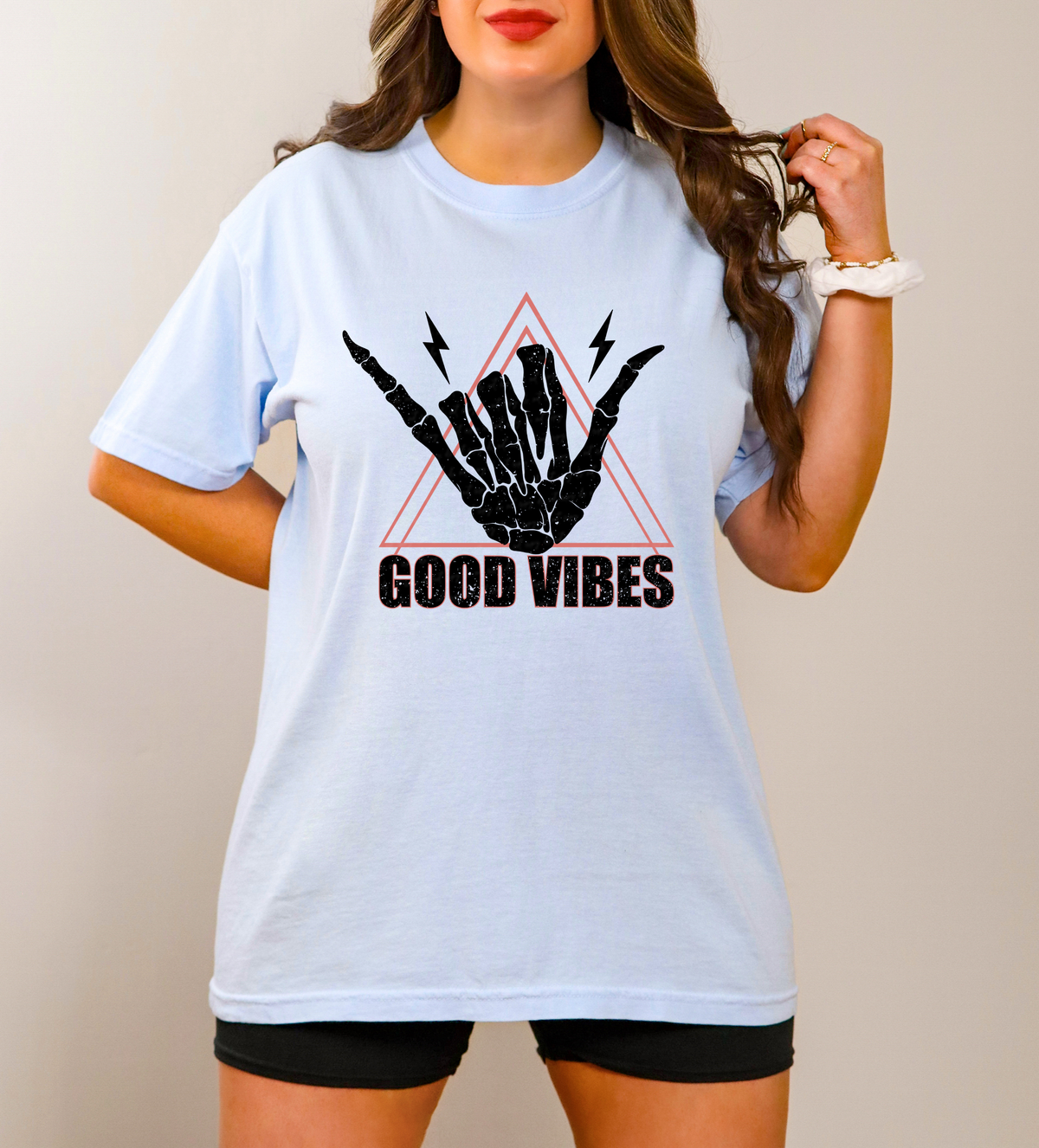 Good Vibes Rock and Roll Skellie Hand Triangle Lightning Bolt 116819 DTF Transfer