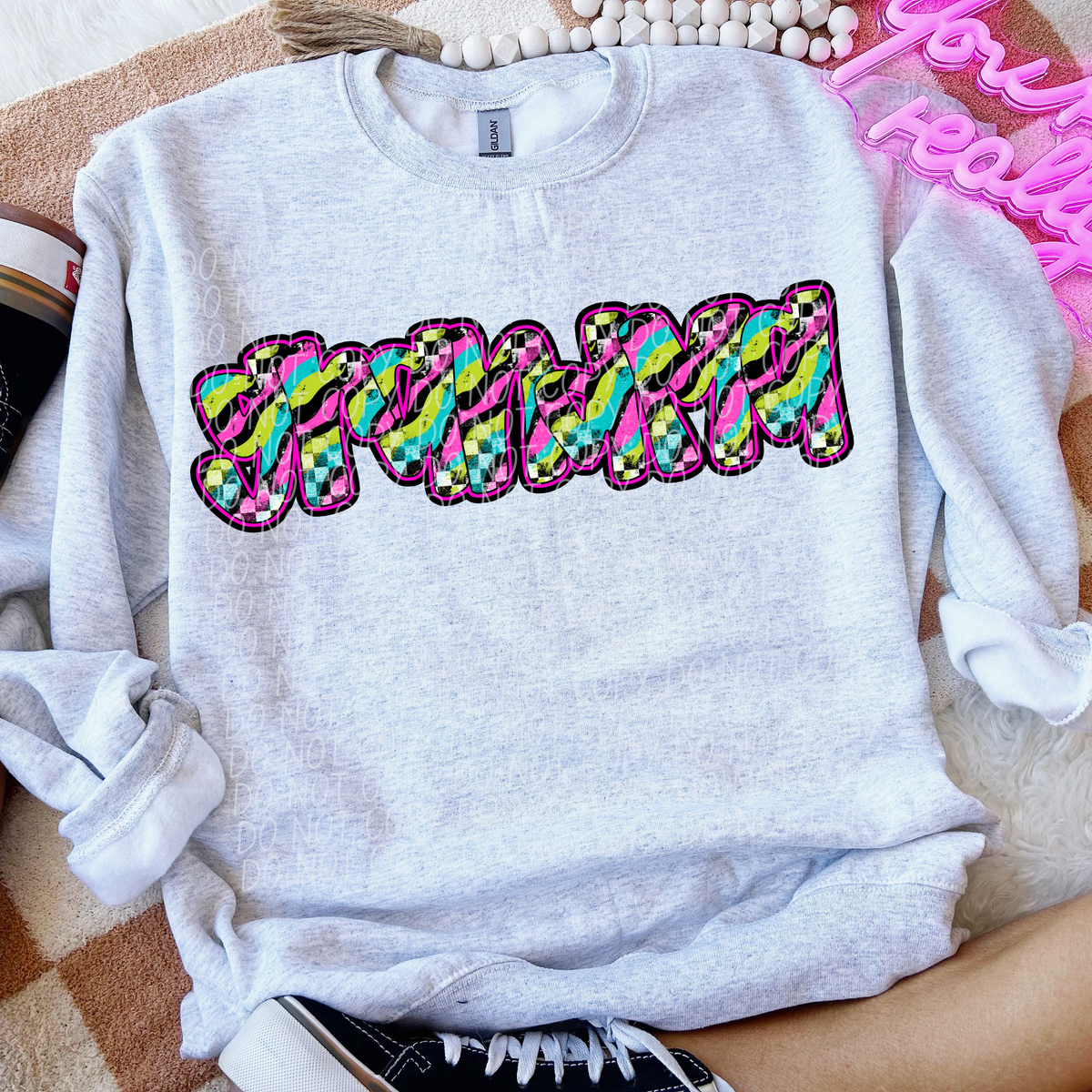 Grandma Neon Checker Font (CITY) DTF transfer