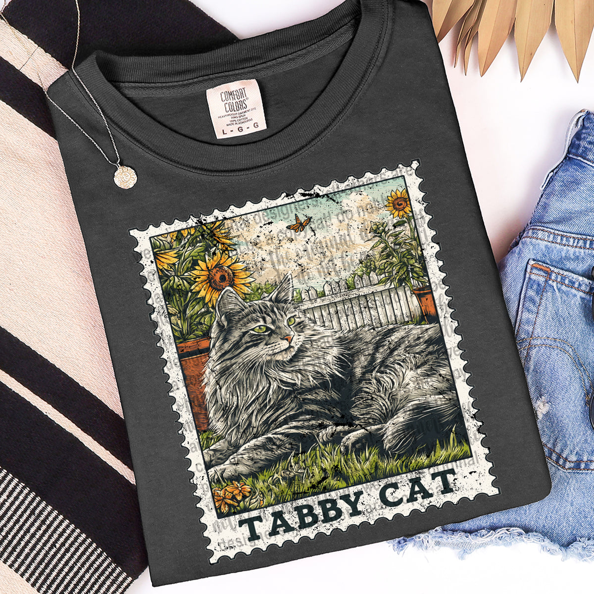 Gray tabby cat vintage stamp (TTD) DTF transfer