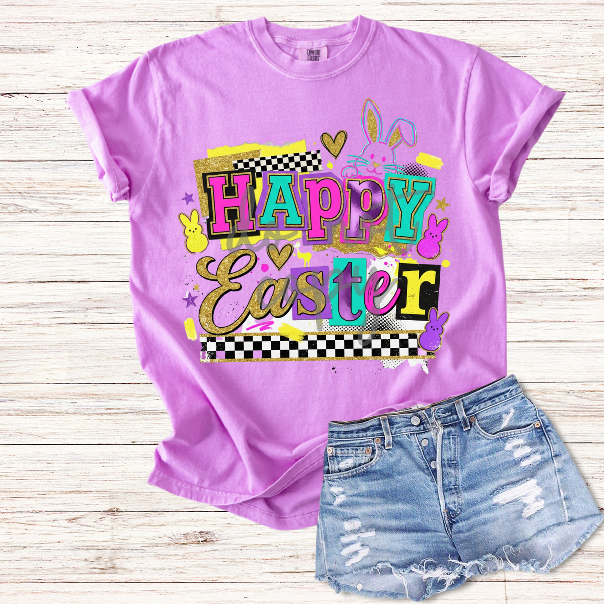 Happy Easter (magazine font, yellow pink purple peep) (parker) DTF Transfer