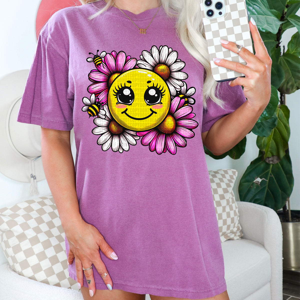 Happy Face With Pink Flowers 104155 DTF transfer