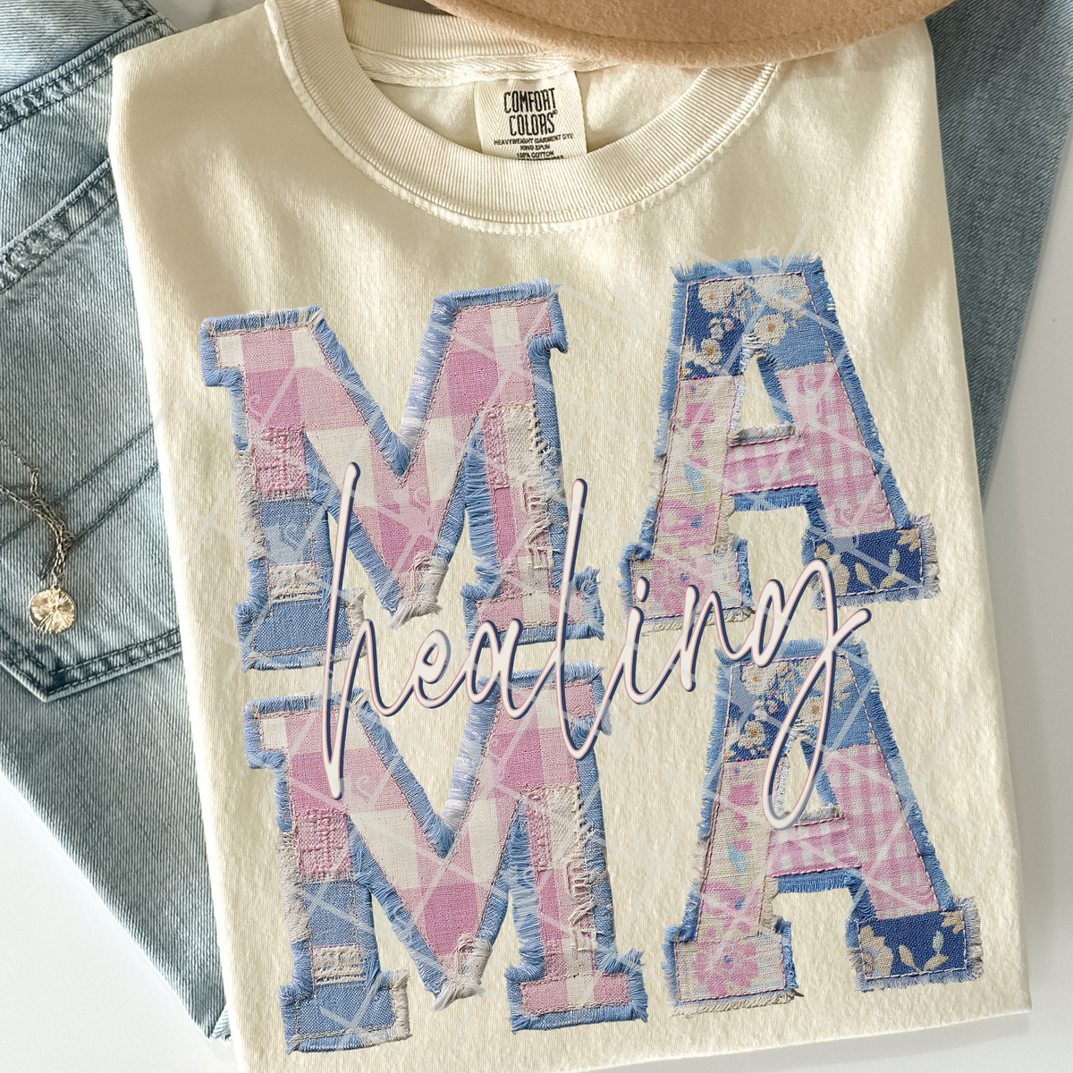 Faux pink and blue patchwork healing mama (TTD) DTF Transfer