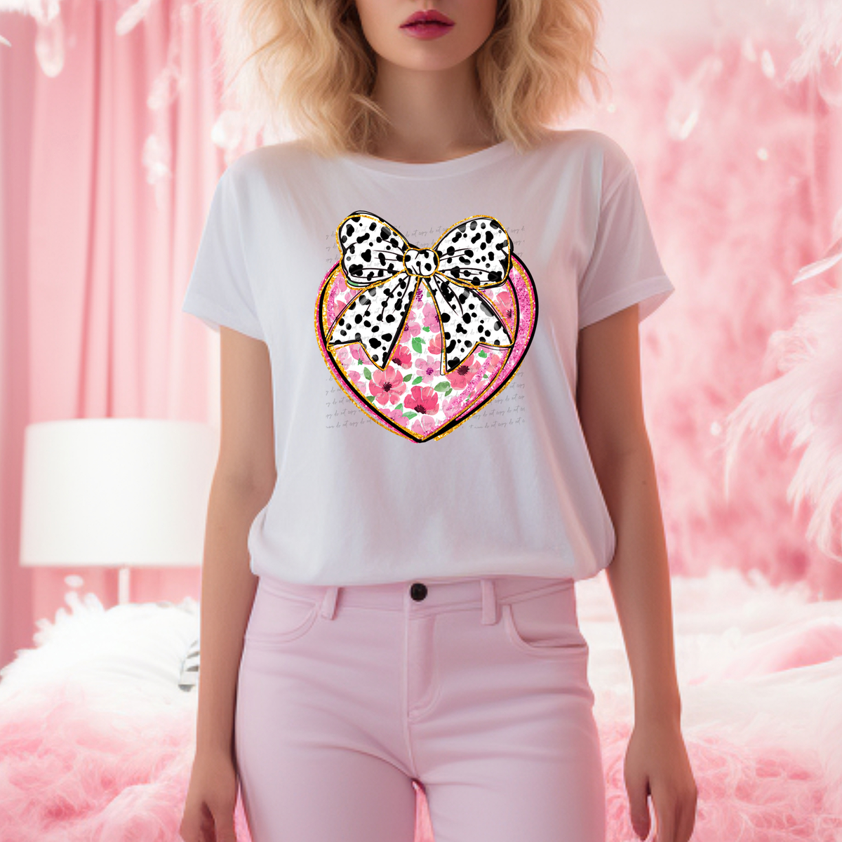 Hearts Floral Cow Print Bow 76522 DTF Transfer