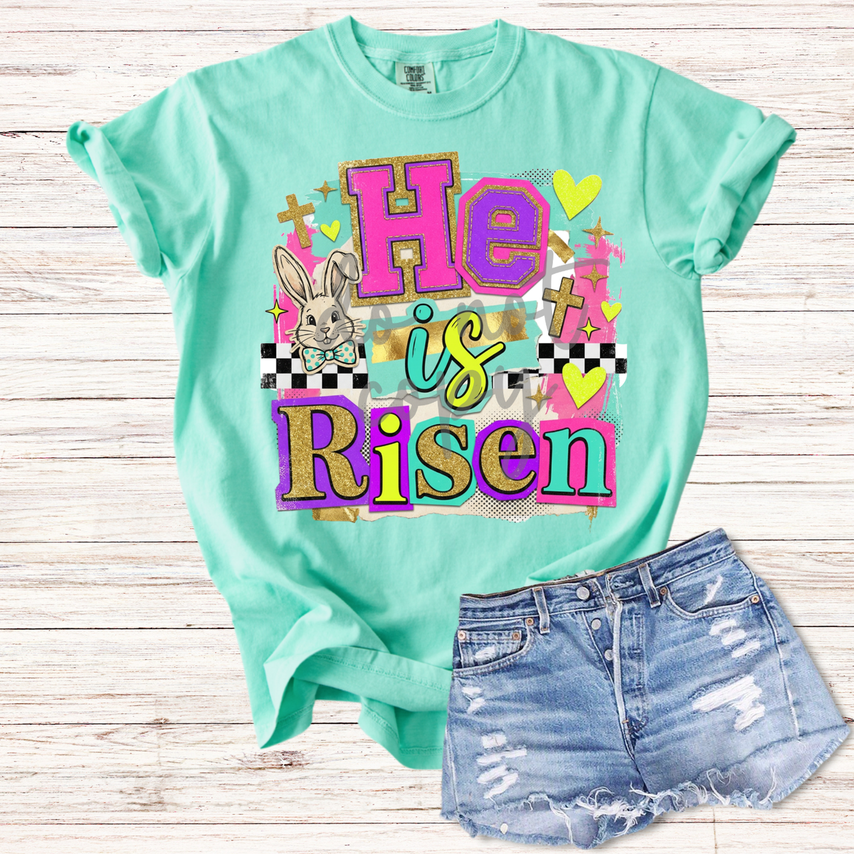 He is risen magazine font with bunny (Parker) DTF Transfer