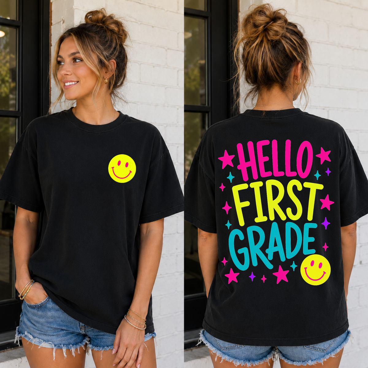 Hello First Grade yellow smiley (Parker) DTF transfer