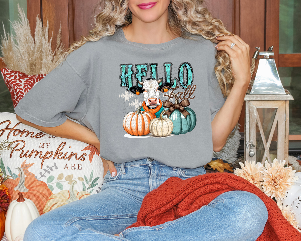 Hello Fall Cow Pumpkins Orange White Teal 51448 DTF transfer