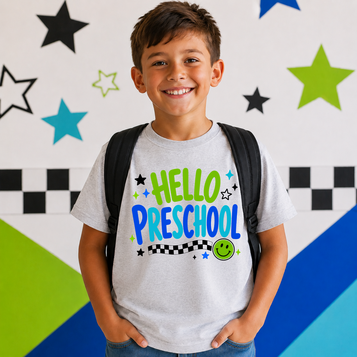 Hello preschool blue and green happy face (Parker) DTF