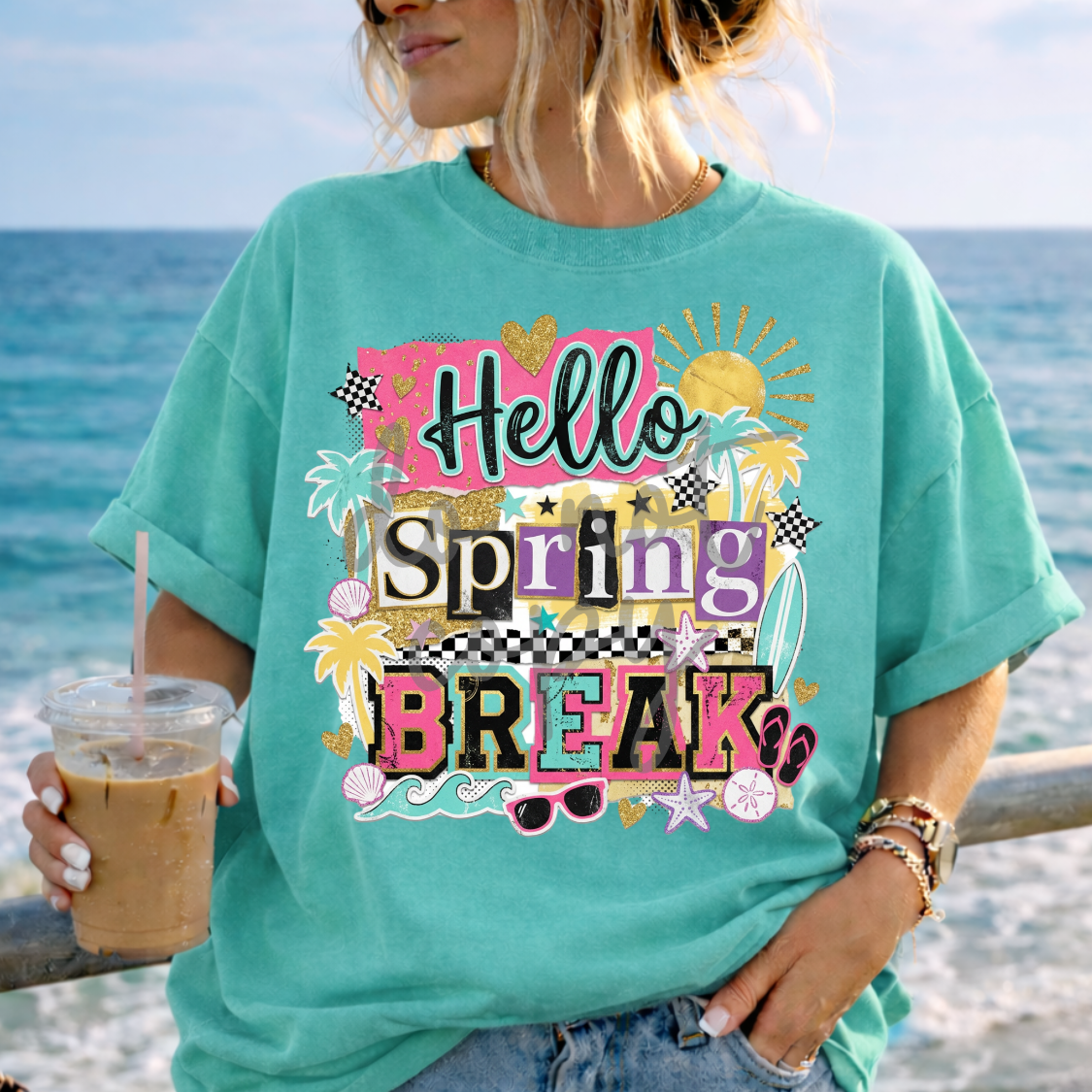 Hello spring break magazine font with sunglasses (Parker) DTF Transfer