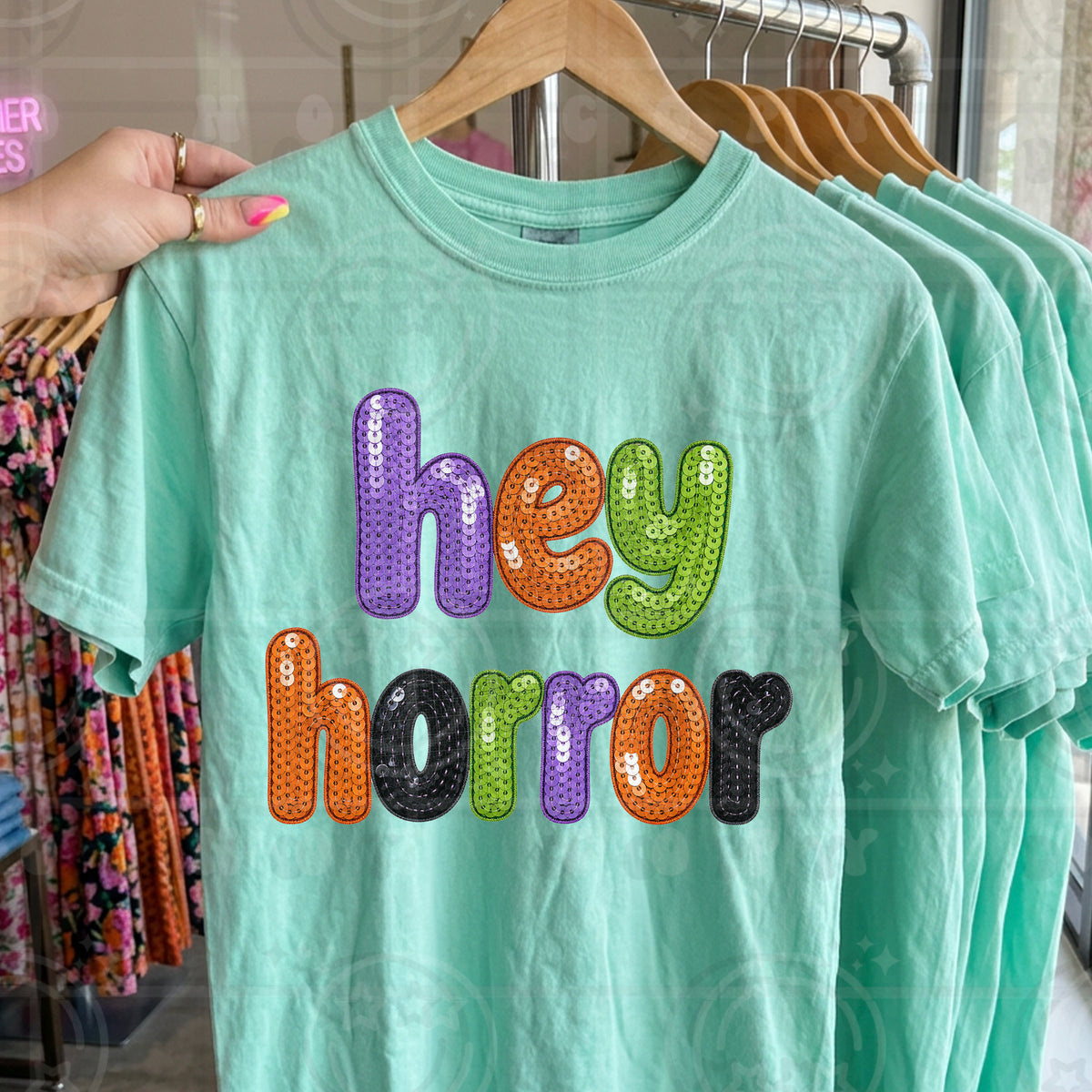 Hey horror faux sequin HW DTF Transfer