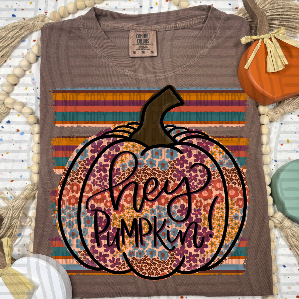 Hey pumpkin flowers and colorfull stripes  (Caplinger) DTF transfer