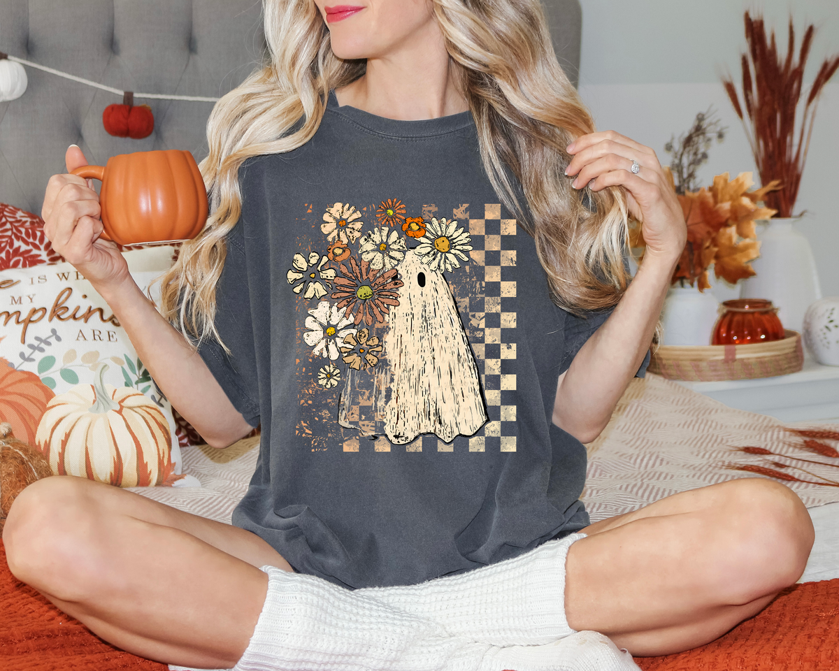 Hiding Ghost Floral Checkered Background 108890 DTF transfer