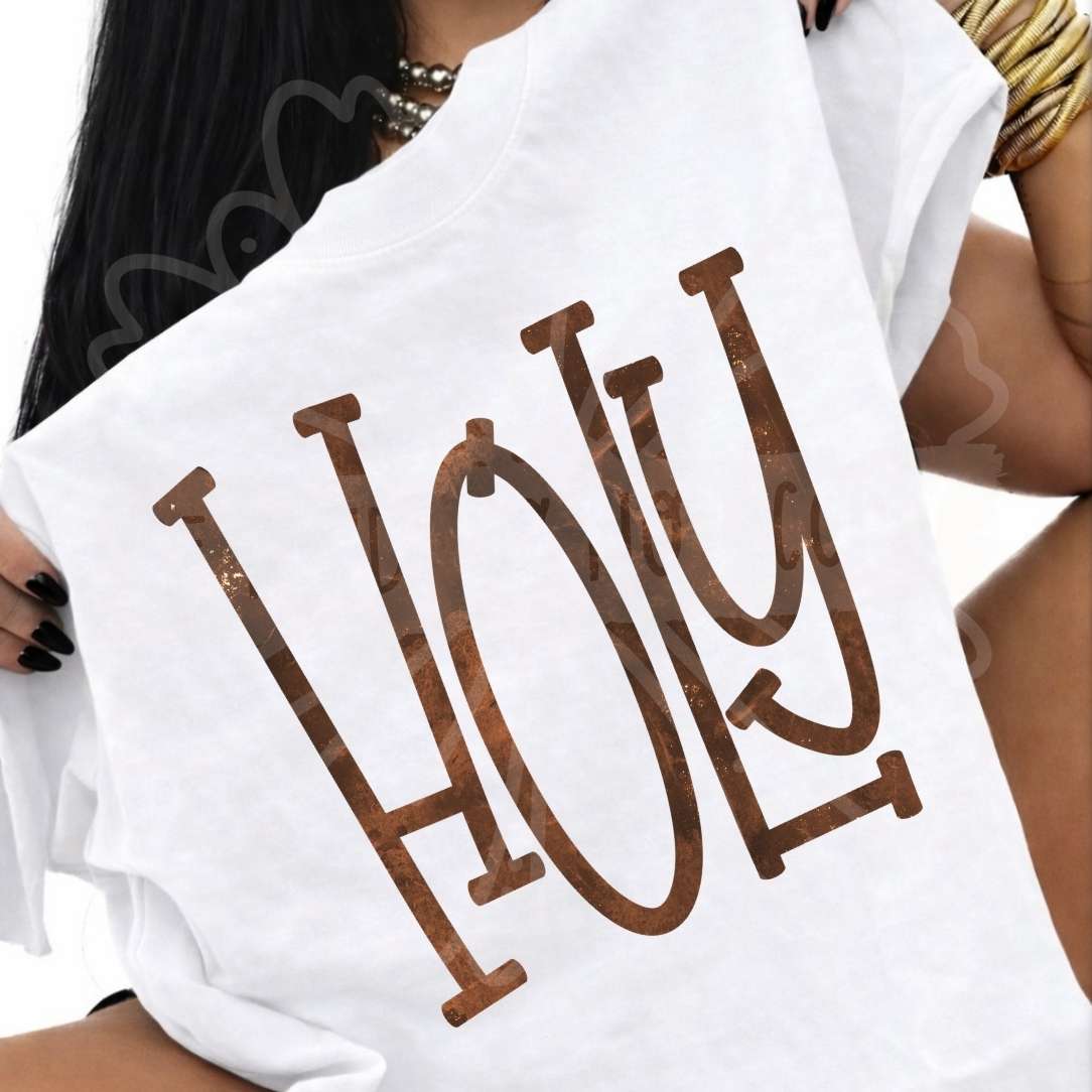 Holy brown font (Vehement) DTF transfer