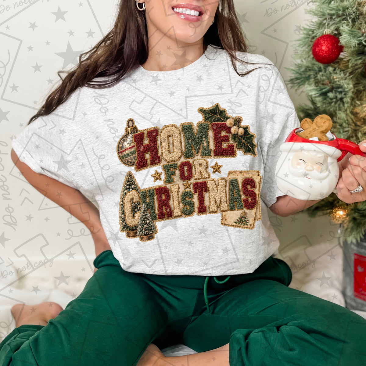 Home for Christmas trees holly berries and ornament faux patch (HW) DTF Transfer