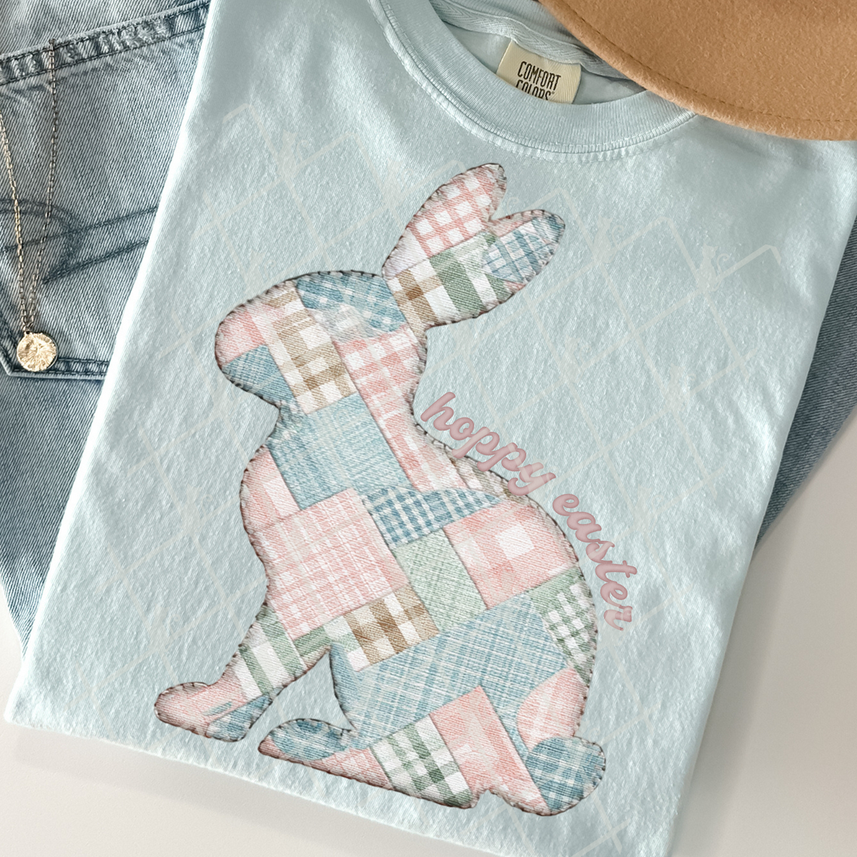 Faux patchwork bunny hoppy easter (TTD) DTF Transfer