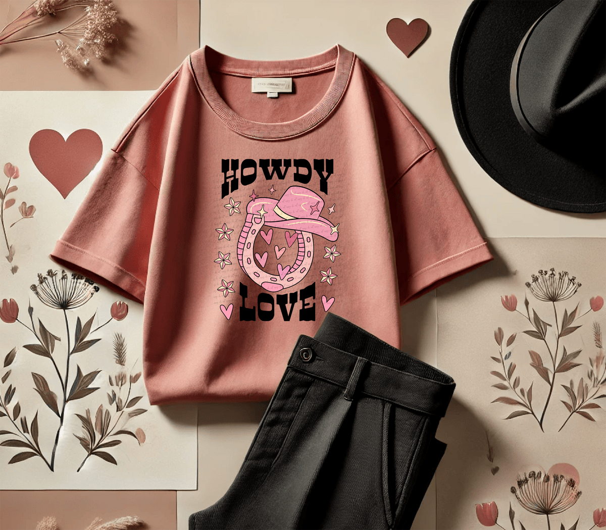 Howdy Love Pink Horseshoe Black Font 81505 DTF Transfer