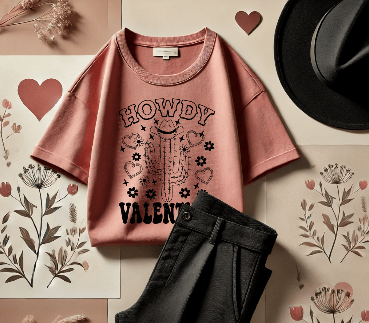 Howdy Valentine Cactus Cowboy Black 81509 DTF Transfer