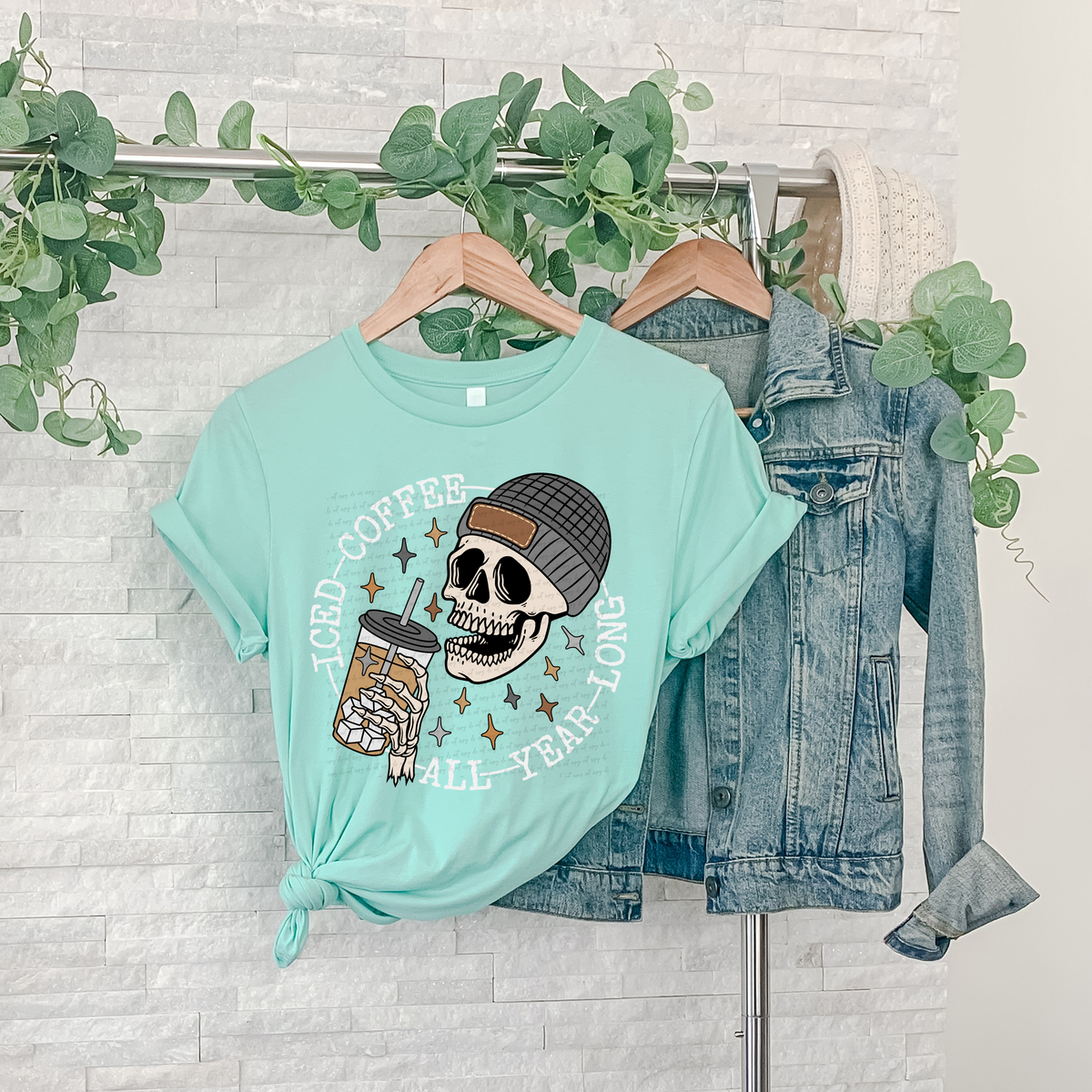 Iced Coffee All Year Long Grey - White Font 81722 DTF Transfer