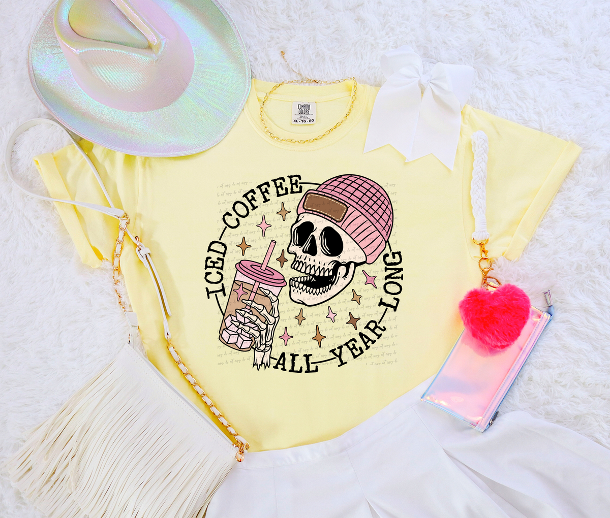 Iced Coffee All Year Long Pink - Black Font 81724 DTF Transfer