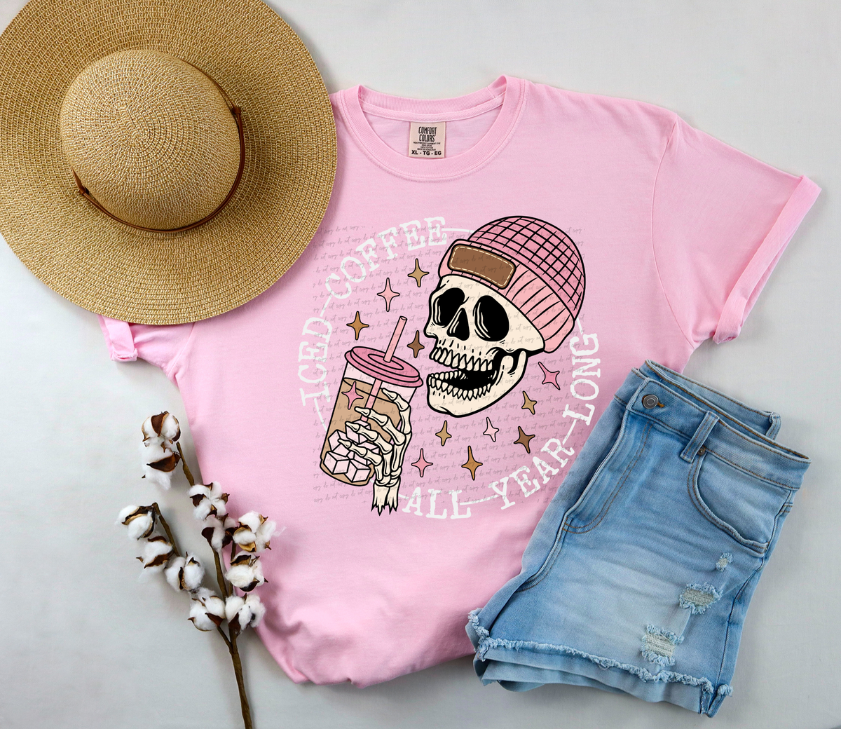 Iced Coffee All Year Long Pink - White Font 81725 DTF Transfer