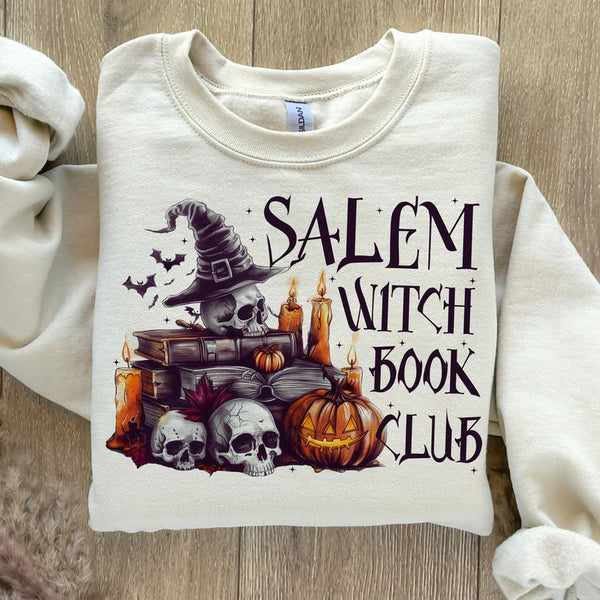 Salem witch book club skulls pumpkins purple witch hat 68493 DTF transfer