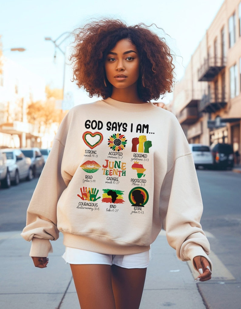 God says I am juneteenth BLACK FONT DTF transfer