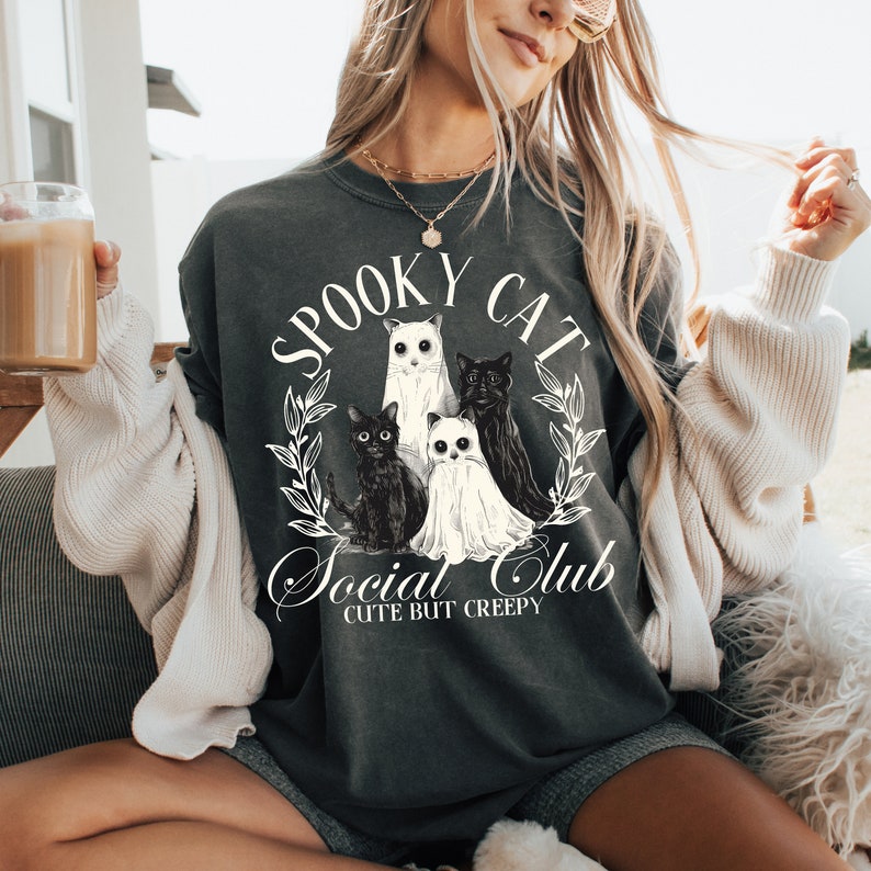 Spooky cat social club WHITE 68486 DTF transfer
