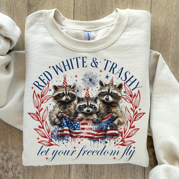 Red white & trashy let your freedom fly racoon trio 68473 DTF transfer