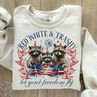 Red white & trashy let your freedom fly racoon trio DTF transfer