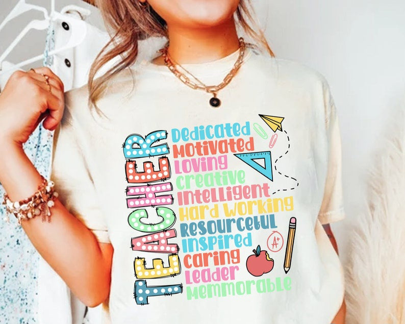 Teacher WHITE DOT FONT dedicated motivated loving apple pencil paper airplane 45082 DTF transfer