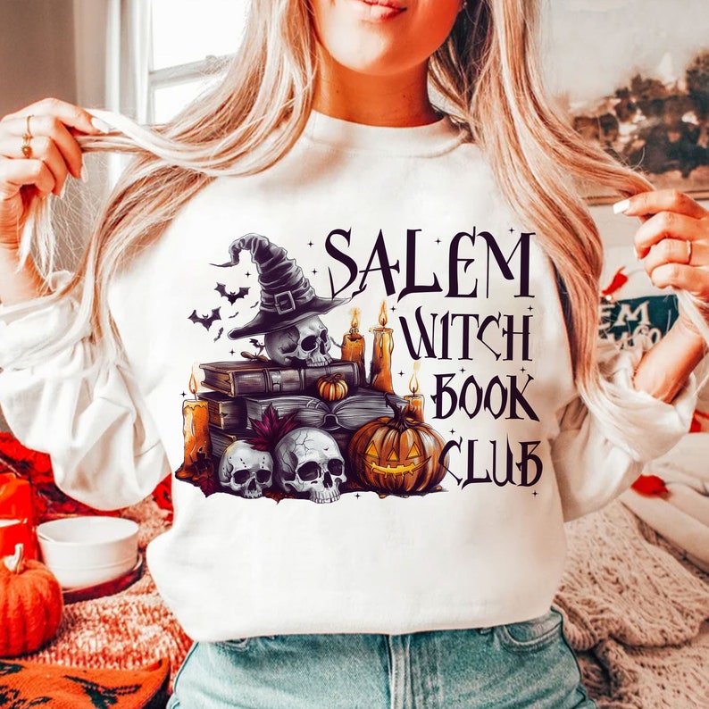 Salem witch book club skulls pumpkins purple witch hat 68493 DTF transfer