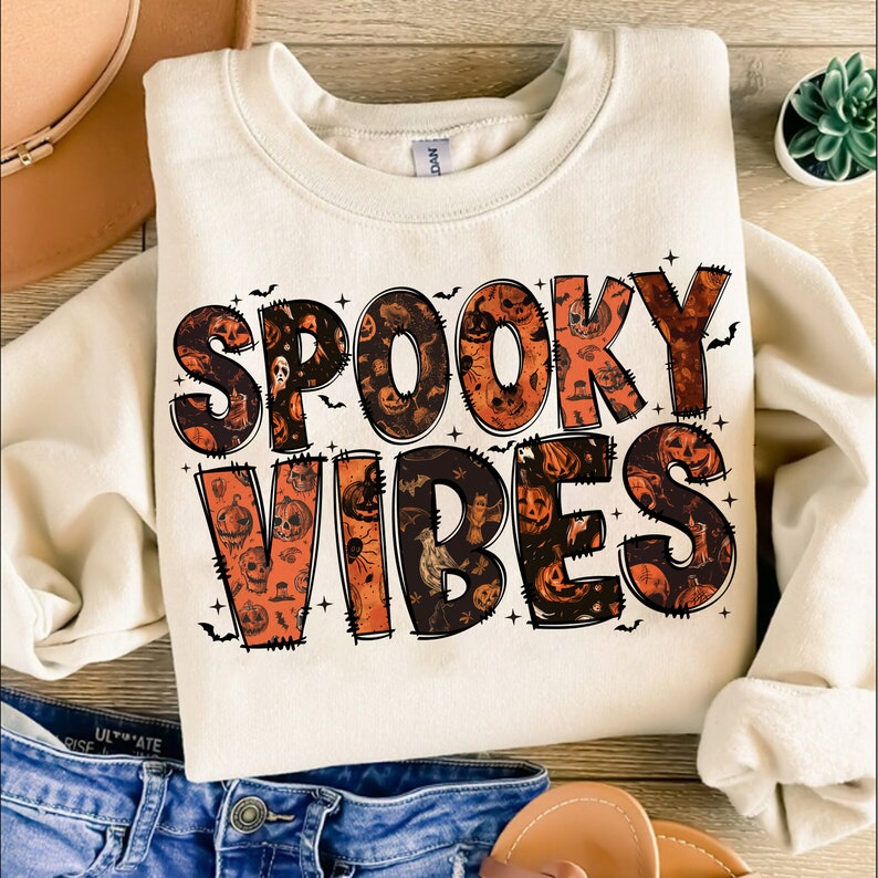 Spooky vibes skull and pumpkin font 68484 DTF transfer