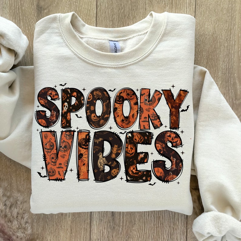 Spooky vibes skull and pumpkin font 68484 DTF transfer