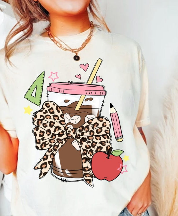 Teacher latte leopard bow and apple 45075 DTF transfer